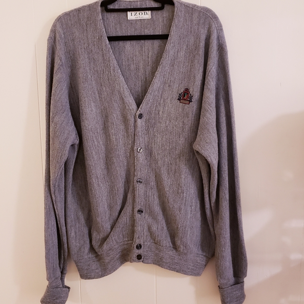 Mens Vintage IZOD Grandpa Sweater VNeck Large Gray Button Down Cardigan Comfy